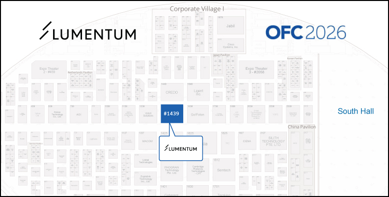OFC 2026 floor plan with Lumentum booth 1439 highlighted